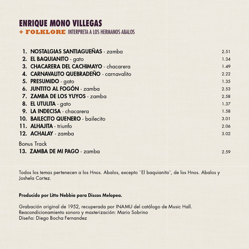 Imagen 2 de 2 de Mono Villegas + Folklore (interpreta A Los Hnos. Abalos) Cd