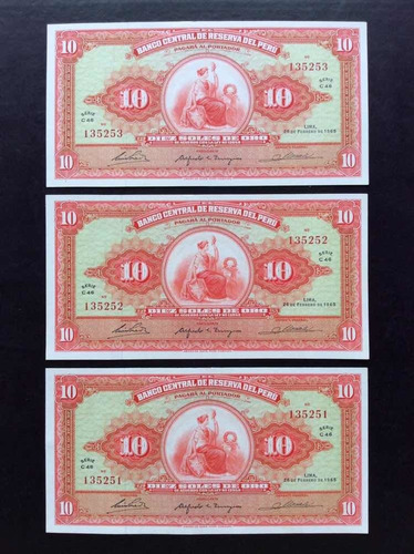 Imagen 1 de 2 de 10 Soles Oro 1965 Unc, Set 3 Billetes Numeración Consecutiva