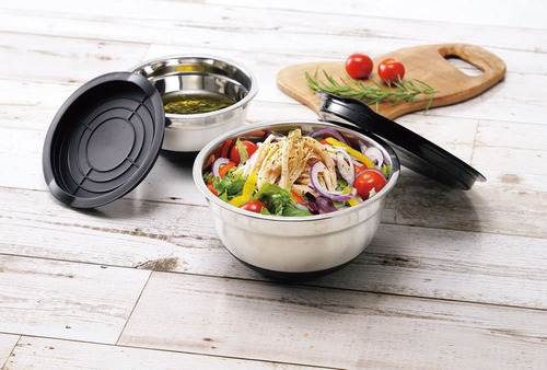 Set De 3 Bowls De Acero Inoxidable Con Tapa, Antideslizantes