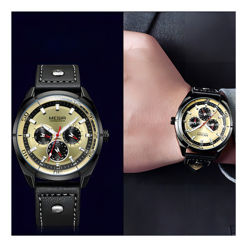 Relojes De Cuarzo Megir Calender Leather Business Color Del Fondo Dorado