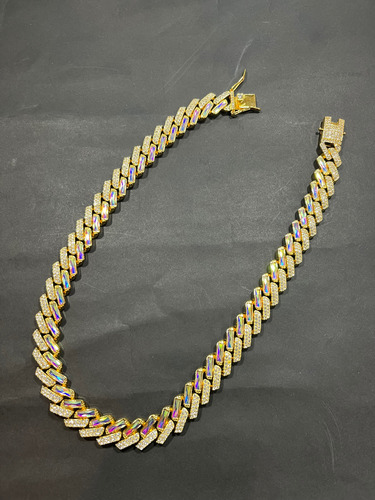 Cadena Collar Cubano Full Ice Drip Tornasolado Acero Dorado