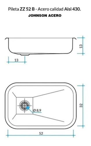 Pileta Bacha Acero Inoxidable Johnson Zz52b Cocina Mesada Simple 52x32x13 Acero 430