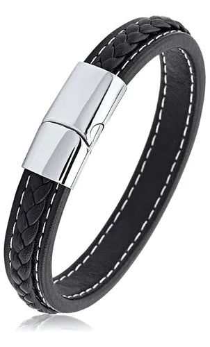Pulsera Cuero Y Acero Hombre 