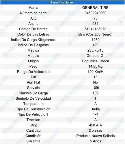 Par Llantas 235/75r15 109t General Tire Grabber Gt