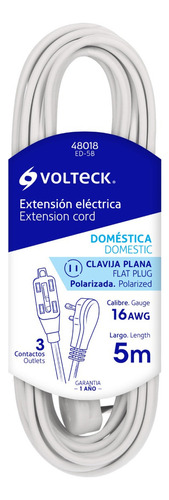 Extensión Eléctrica Doméstica, 5 M, Blanca, Volteck 48018