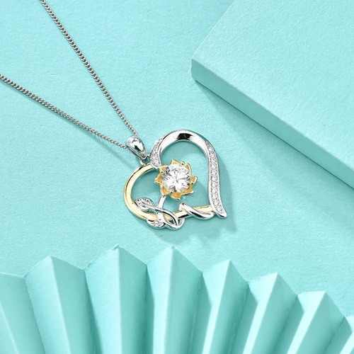 Imagen 6 de 7 de Collar Plata Fina 925 Corazon Girasol Moissanita Baño Oro