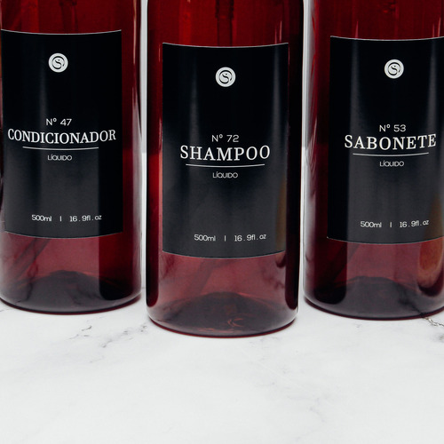 Kit Banheiro 3pçs Frasco Shampoo Cond Sab 500ml Rótulo Preto