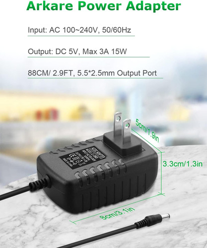 Arkare Adaptador De Fuente De Alimentación De 5 V 3 A, 15 W,