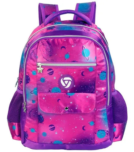 Mochila escolar infantil Costa Grande, color morado, diseño de tela de planetas