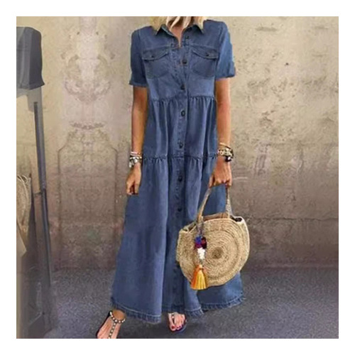 Vestido Longo Estilo Jeans Com Vários Botões Desgastados