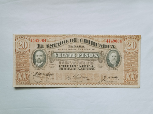 Billete Antiguo 1914 México 20 Pesos El Estado De Chihuahua 