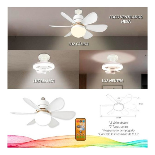 Ventilador Foco Hexa Para Techo Con Luz 52.5 Cm 50 Blanco Blanco Plástico 6