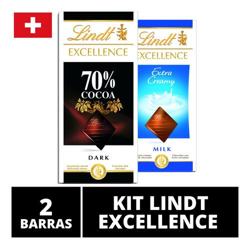 2 Barras Chocolate Suiço Lindt Excellence Cacau Nobre 2x100g