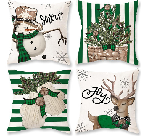 Fundas De Almohada Rayas Navideñas 18x18 Juego De 4 Fu...