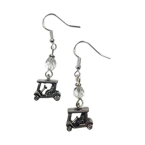 Golfer Or Cart Earrings With A Clear Faceted Bead Silver Ear