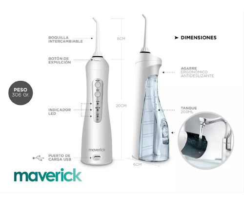 Imagen 7 de 10 de Ducha Bucal Irrigador Dental Maverick Blanqueamiento 1400mah