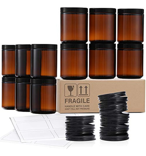 Paquete De 12 Frascos Redondos De Vidrio Ámbar De 8 Oz Con 1