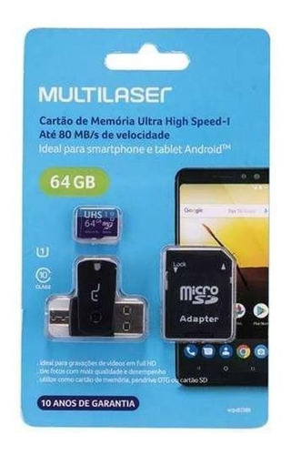 Cartão Micro Sd 64gb Multilaser C10