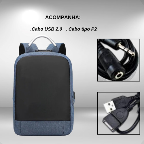 Mochila Azul Antifurto Executiva Com Cadeado Trava Segurança Porta Usb Saída Fone Ouvido Compartimento Notebook Resistente Reforçada Grande Anti Furto Unissex Masculina Feminina Trab