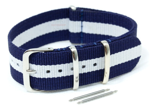 Pulseira Relógio Nato Nylon 22mm Azul Branco 3 Anéis