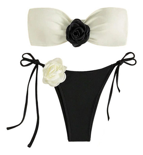 Bikini Sensual Sin Tirantes Con Flores 3d M