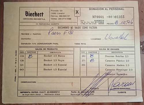Antiguo Recibo Cervezeria Bieckert (Usado)