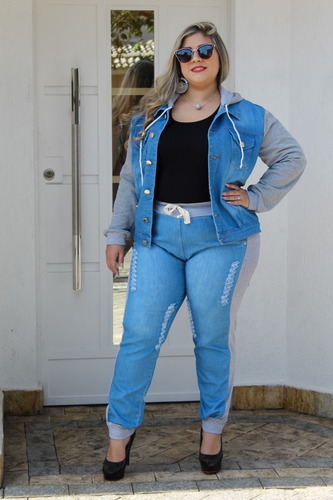 Imagem 6 de 6 de Conjunto Plus Size Calça Jeans E Jaqueta Com Moletom E Capuz