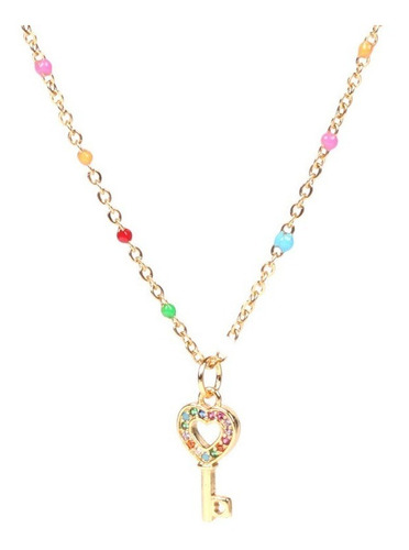 Collar Llave Corazón Dorada Con Circón Y Borlas Multicolor 