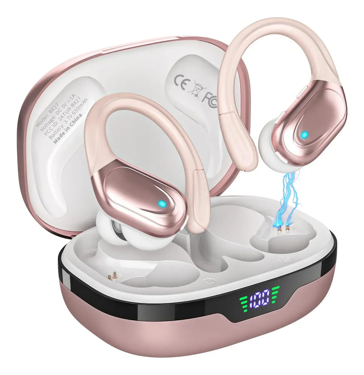 Fones de ouvido intra-auriculares esportivos sem fio Mertto BX17 com Bluetooth, bateria com duração de 75 horas, rosa.