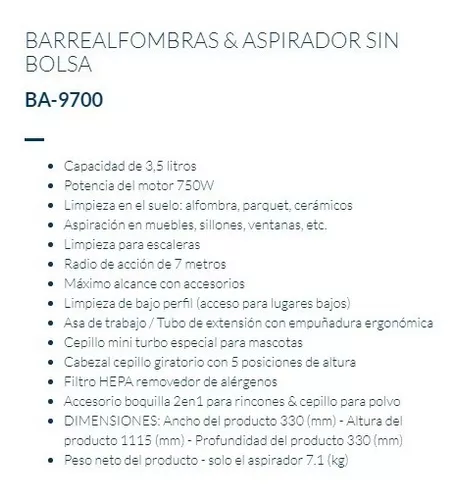ASPIRADORA BARRE ALFOMBRA YELMO BA9700 750W 3LTS Y MEDIO GRIS FUCSIA