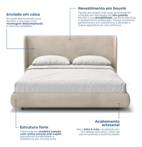 Cama Queen Base Estofada Boucle Com Cabeceira Slim Damie