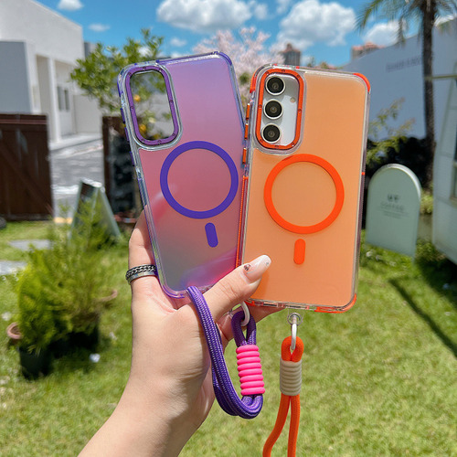 Funda De Teléfono Con Cordón Magnético Para Samsung Galaxy A56 A36 A26 A16 A06 A55 A54 A53 A35 A34 S25 Ultra Aurora Con Decoloración Láser