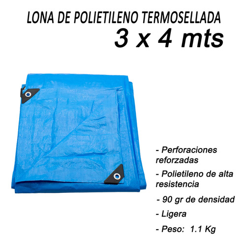 Lona De Polietileno Termosellada Reforzada Azul 90 Gr 3x4 M