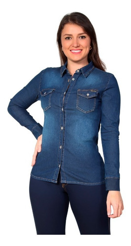 Camisa Jeans Feminina Blusa Social Alongada Acinturada Lycra