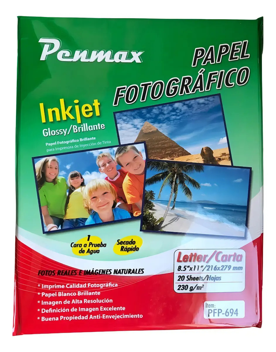 Papel Fotográfico Penmax Carta Glossy Brillante 230g x20 Hojas Blanco