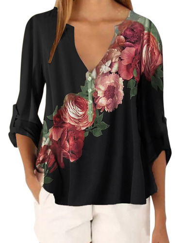 Blusa Holgada Con Estampado Floral Y Cuello En V Para Mujer