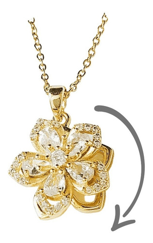 Imagen 1 de 6 de Collar Mujer Dije Flor Giratorio Cristales Dorado Acero Inox