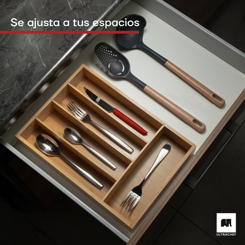 Organizador de Cubiertos de Bambú 5 Divisiones Ultrachef Bandeja de Madera para Cocina o Cajón con 5 Compartimentos Porta cubiertos Multiusos Separadores para Almacenar y Ordenar