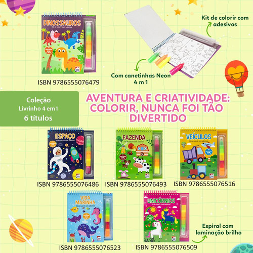 Livrinho 4 Em 1: Dinossauros: Kit De Colorir Com Adesivos, De Koral Books., Vol. 1. Editorial Happy Books, Capa Mole, Edição 1 Em Português, 2024