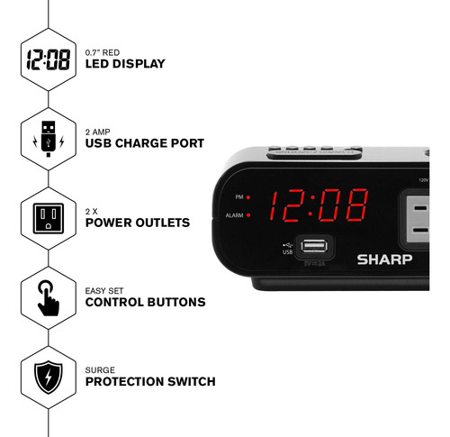 Reloj Despertador Digital Sharp Modelo Con 2 Tomas Usb Y Pro Negro