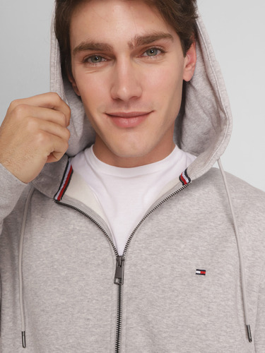 Polerón Hoodie Con Cierre Logo Hombre Tommy Hilfiger Gris