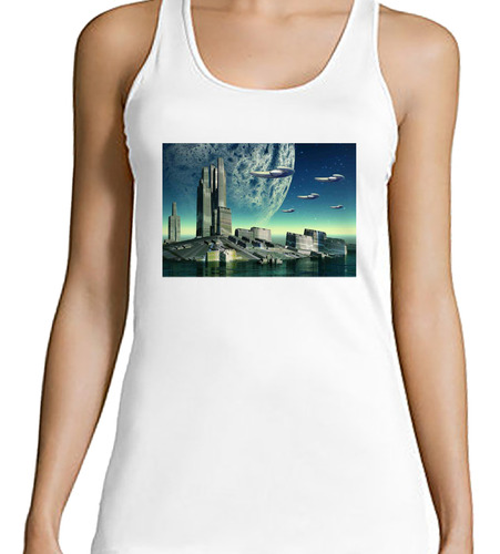 Musculosa Mujer Ciudad Futurista Coche Volador M1