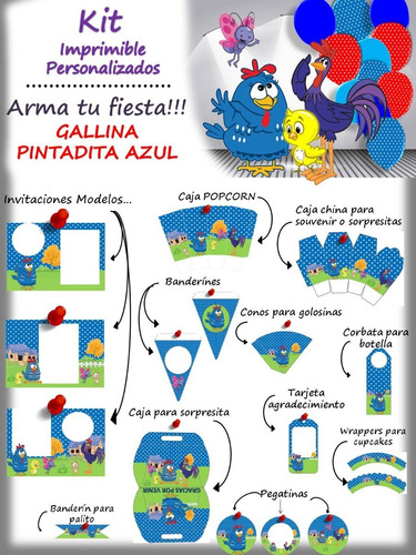 Kit Personalizado Gallina Pintadita Azul Para Imprimir