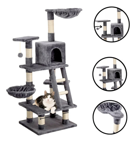 Mueble Rascador Para Gatos Juguete Arbol Casa Y Hamaca 119cm Color Gris oscuro