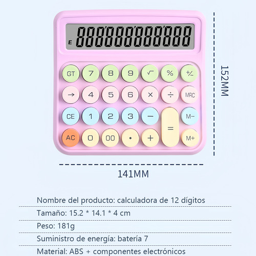 Calculadora De 12 Dígitos Multicolor Con Pantalla Grande Color Morado