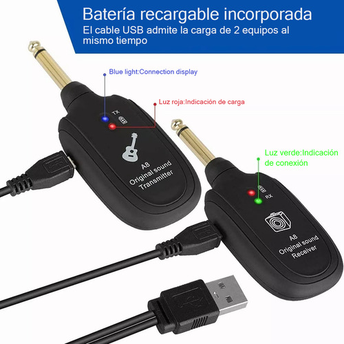 Sistema Transmisor y Receptor Inalambrico Guitarra A8 Sistema Inalámbrico Para Guitarra Transmisor Inalámbrico Recargable Receptor de Guitarra Sistema de Guitarra Digital