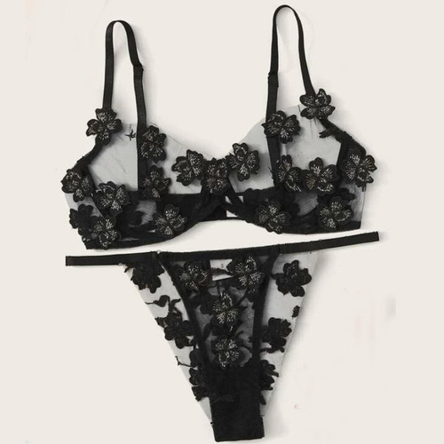 Elegante Conjunto De Ropa Interior Transparente Con Bordado