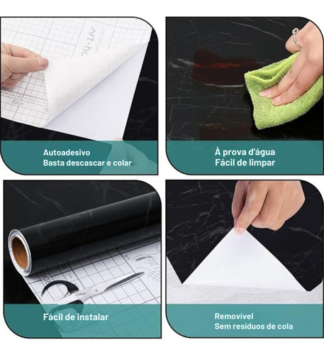 Papel Adesivo Envelopamento Mármore Lavável Móveis Parede Preto 5 Metros Hibo