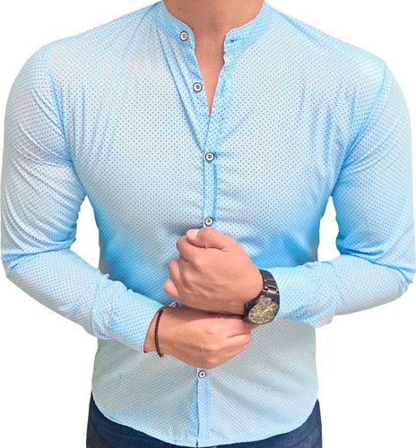 Camisa Casual Cuello Mao Manga Larga Hombre Slim Fit