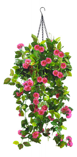 Cesta Colgante Artificial Con Flores Rosas, Resistente A Lo.